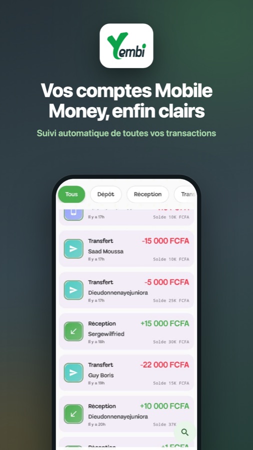 Yembi — transaction feed parsed from operator SMS